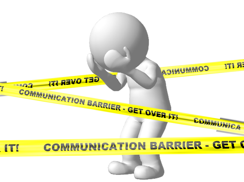 CommsBarr_low Man stuck behind tape saying "Communication Barrier"